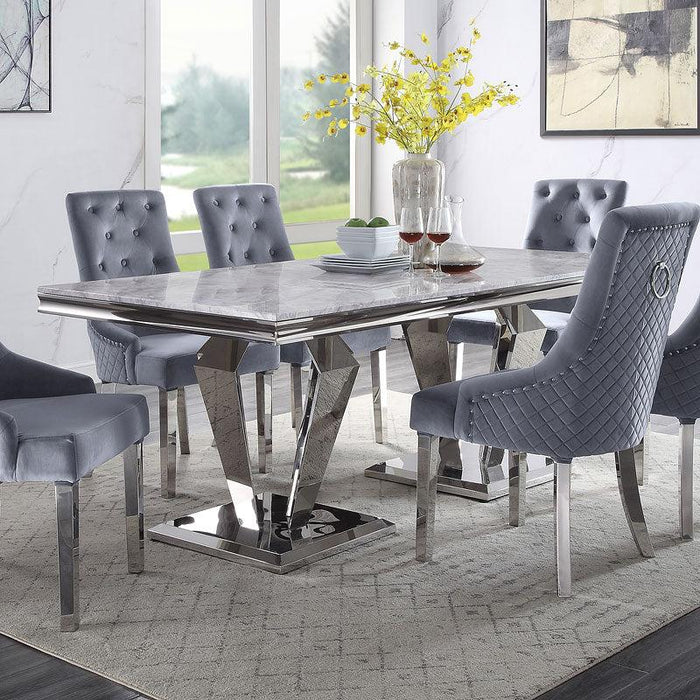 Satinka Light Gray Printed Faux Marble & Mirrored Silver Finish Dining Room Set image